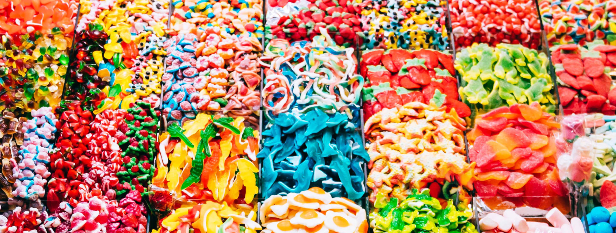 Colorful gummy candies lined up in rows